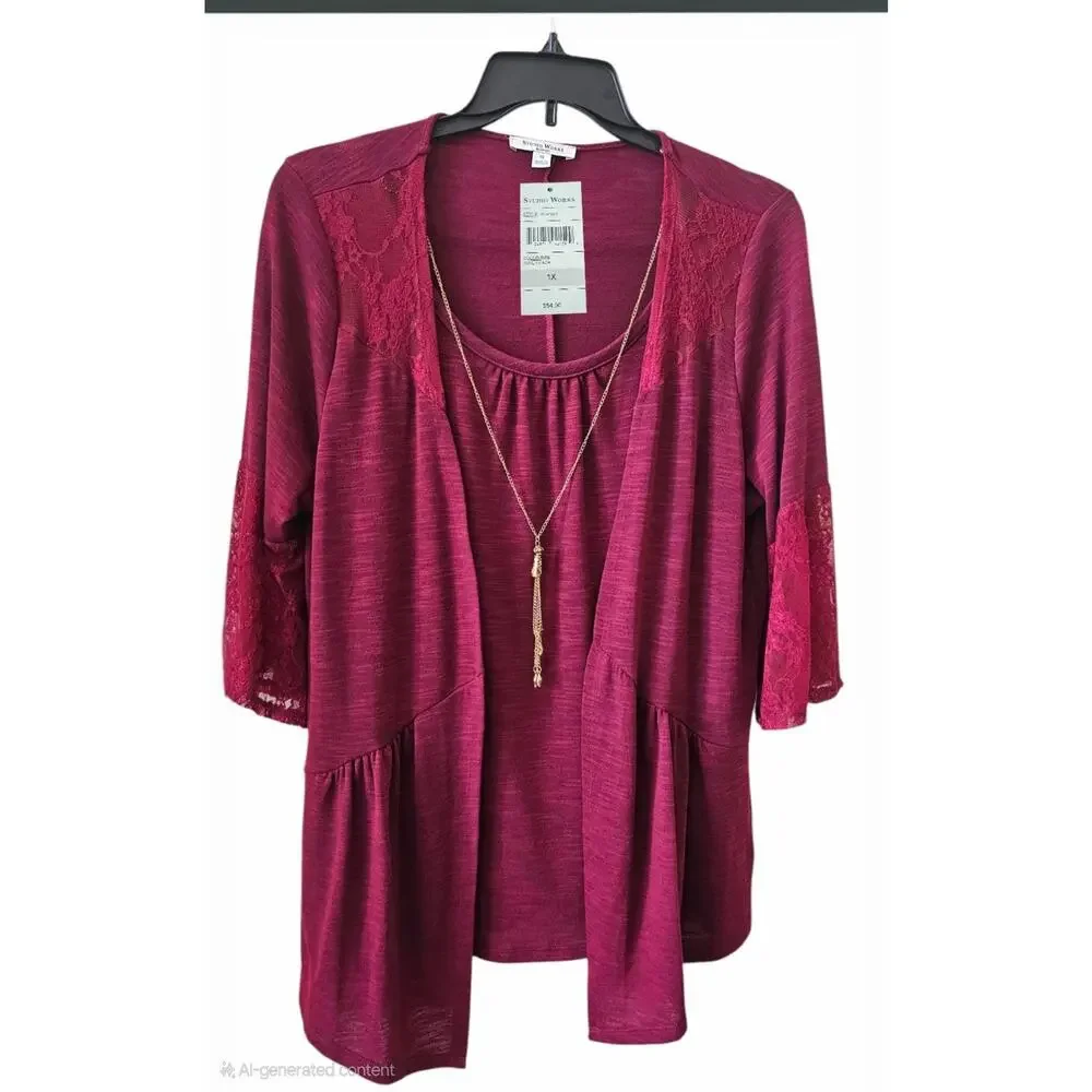 Studio Works Women's Lace Detail Wine Glace Cardigan & Necklace Set - Size 1X